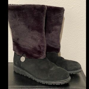 Stuart Weitzman Suede Mid-Calf Boots Black Round-Toes with Faux Fur Trim 10